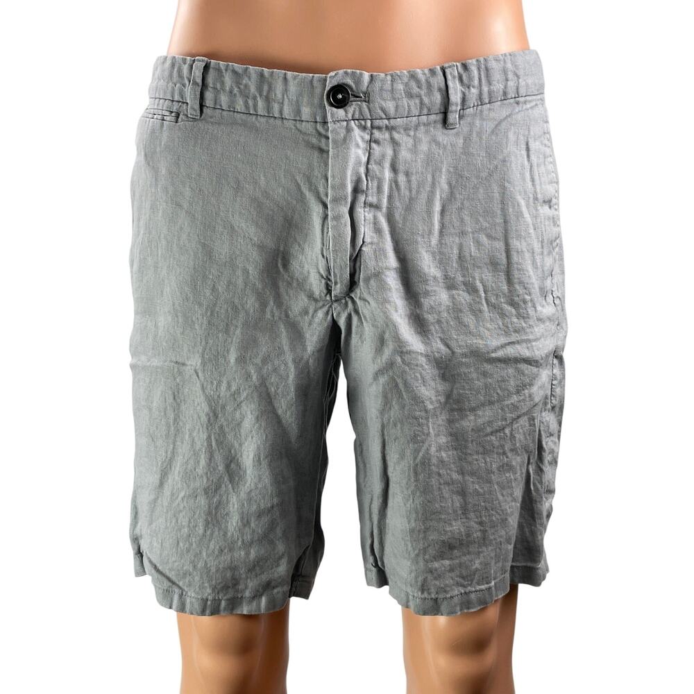 MNG by Mango 100% Linen Men's Gray High Rise Straight Bermuda Casual Shorts 34